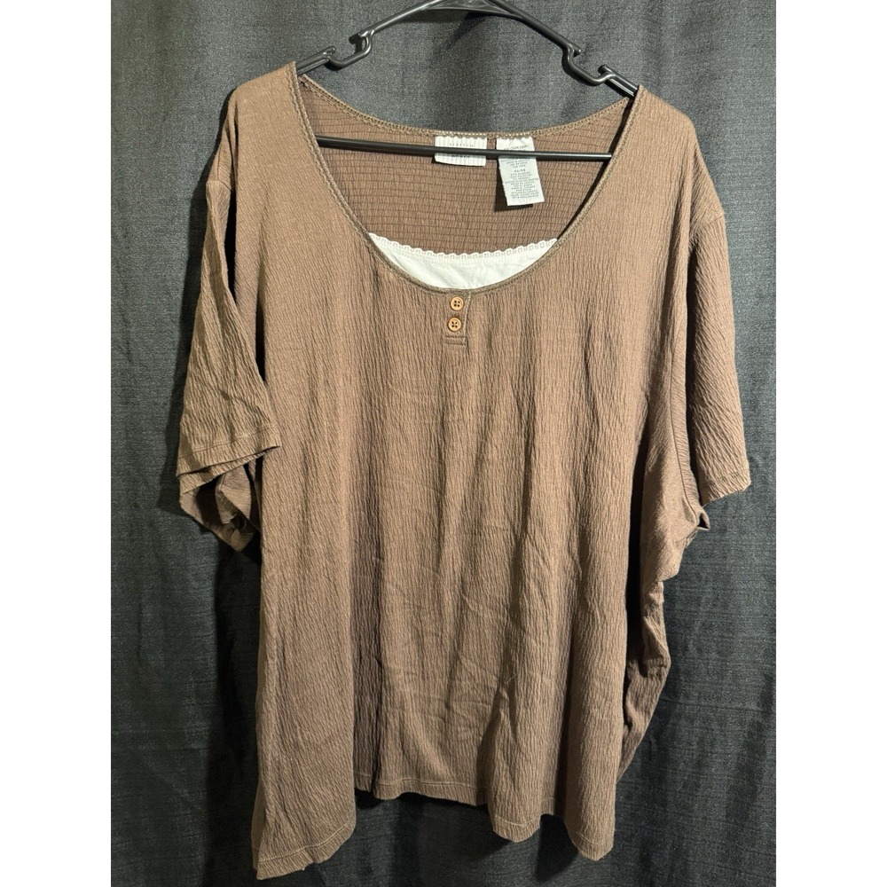 White Stag Woman 4X 26W 28W Brown Textured Faux Layer Lace Henley Top